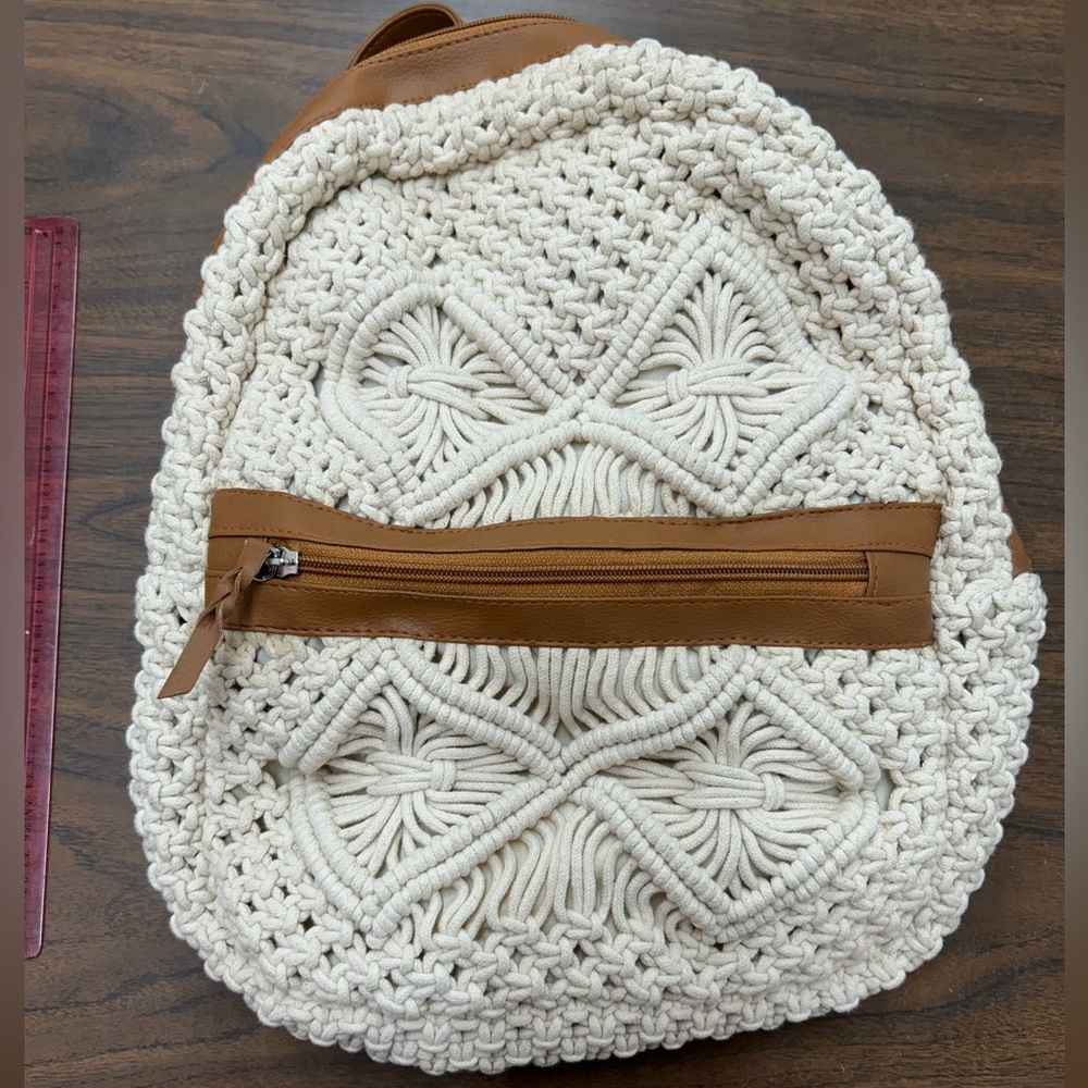 America & Beyond Handmade Knit Knot Backpack with Tan Leather Accents